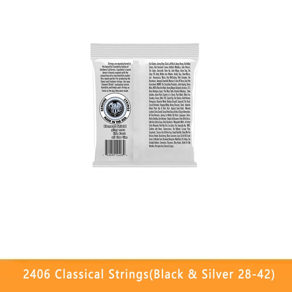 A package of 10 sets of 28-42 classical strings in black and silver.