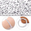 A close-up of small white acrylic number beads used for DIY jewelry making, shown alongside a finished bracelet.