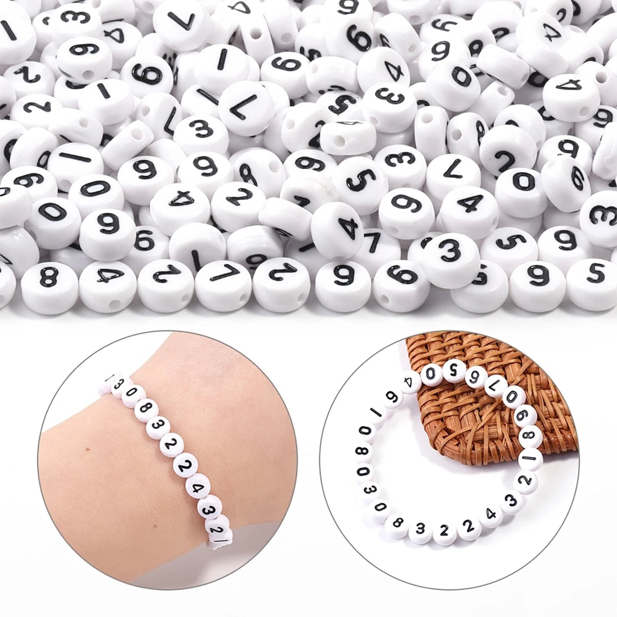 A close-up of small white acrylic number beads used for DIY jewelry making, shown alongside a finished bracelet.