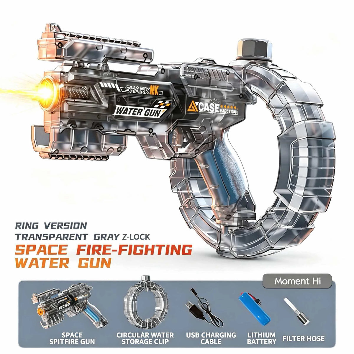 A transparent gray Z-lock ring version of a Shark Ink water gun with accessories shown on a white background.