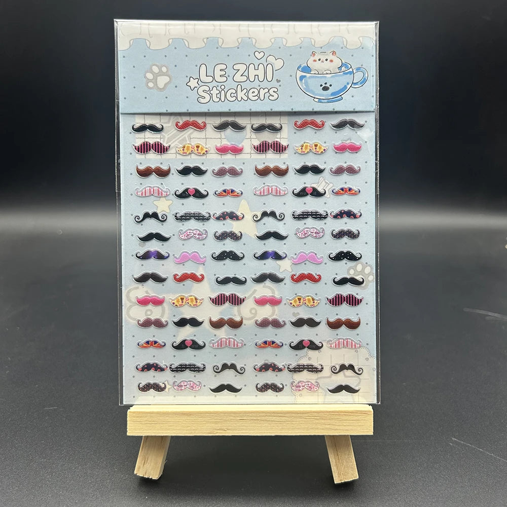 A sheet of cute decorative stickers featuring various facial hair styles and a teapot design.