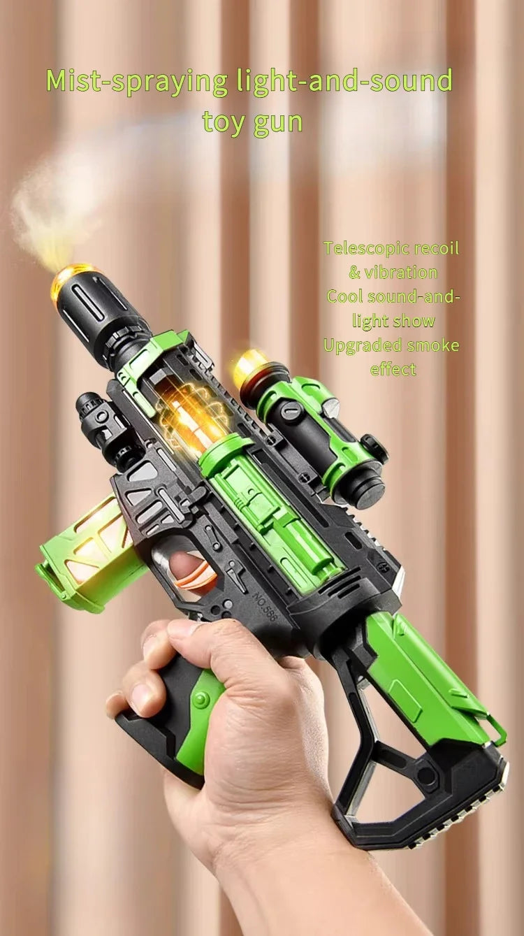 A hand holds a green and black mist-spraying light-and-sound toy gun with a yellow light effect.
