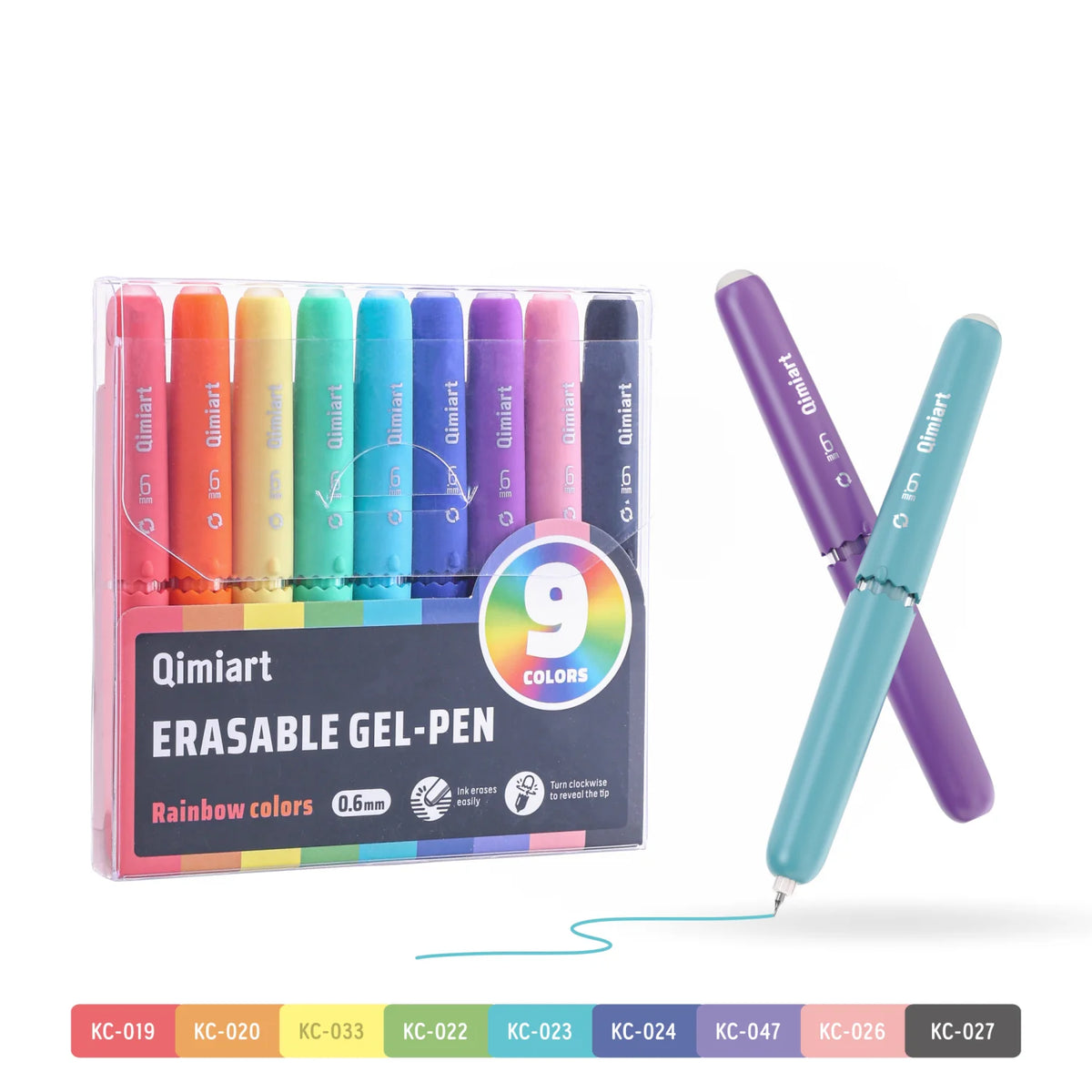 A set of nine colorful Qimiart erasable gel pens in various shades and colors displayed next to a single purple pen.