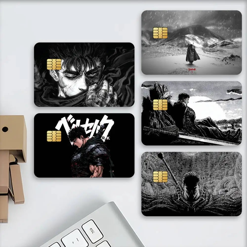 A collection of dark, gritty anime-style cards featuring characters and scenes from Berserk for credit cards and transit pass