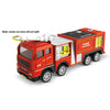 A red diecast fire truck toy with a ladder and water cannon, featuring a cab and storage compartments.