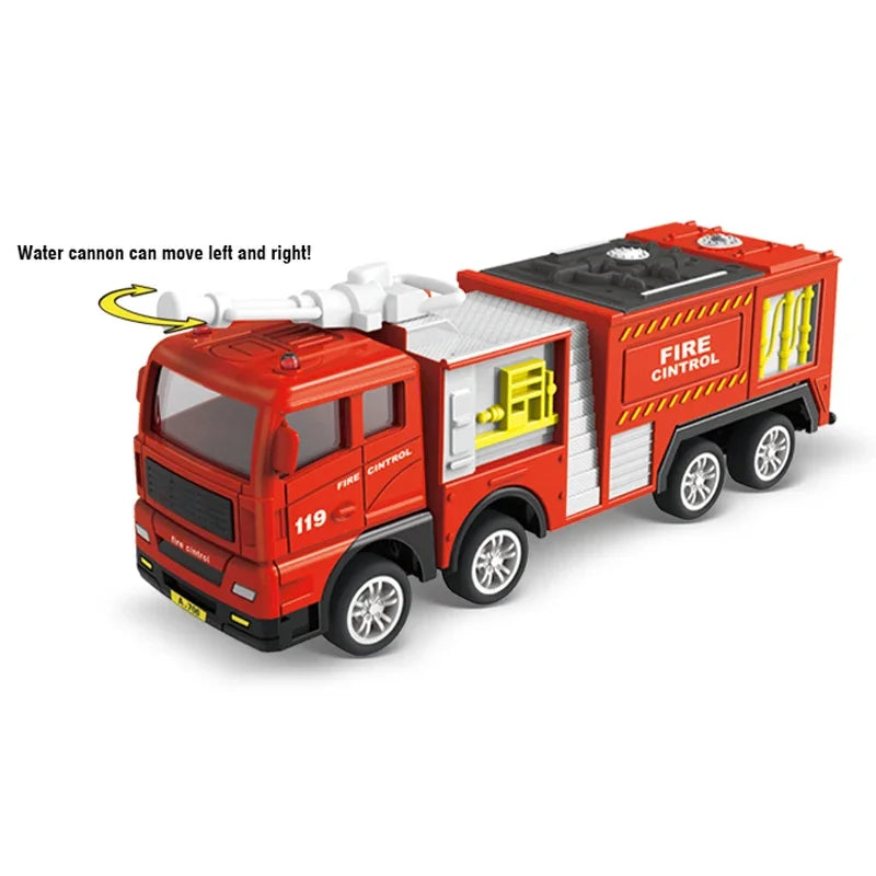 A red diecast fire truck toy with a ladder and water cannon, featuring a cab and storage compartments.