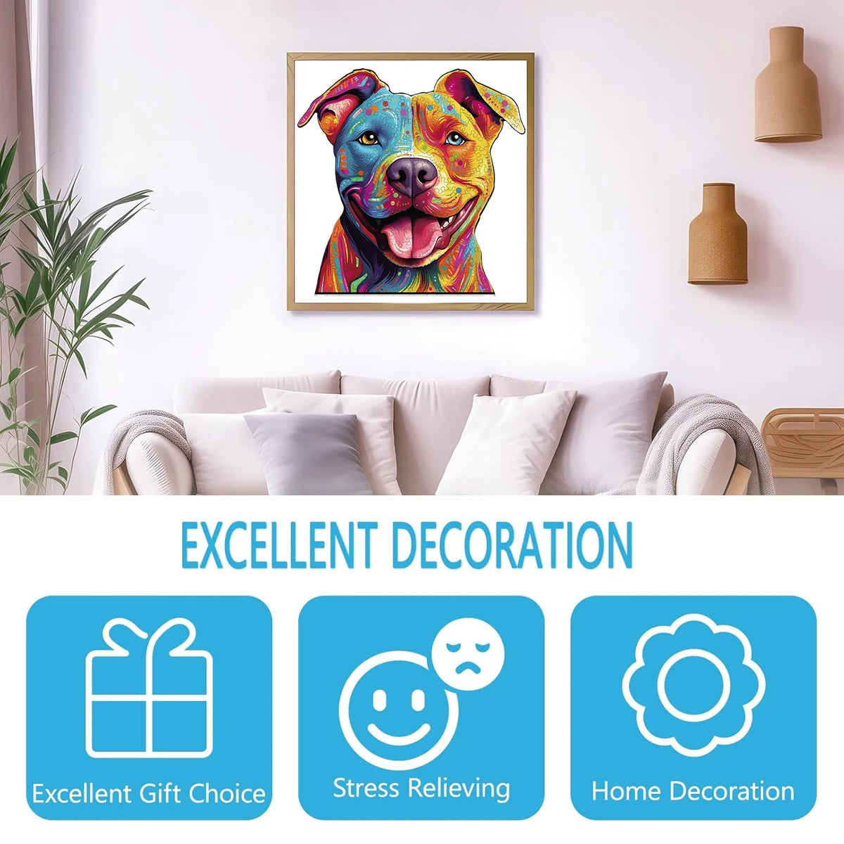 A framed painting of a dog's head in vibrant colors, displayed above a sofa.