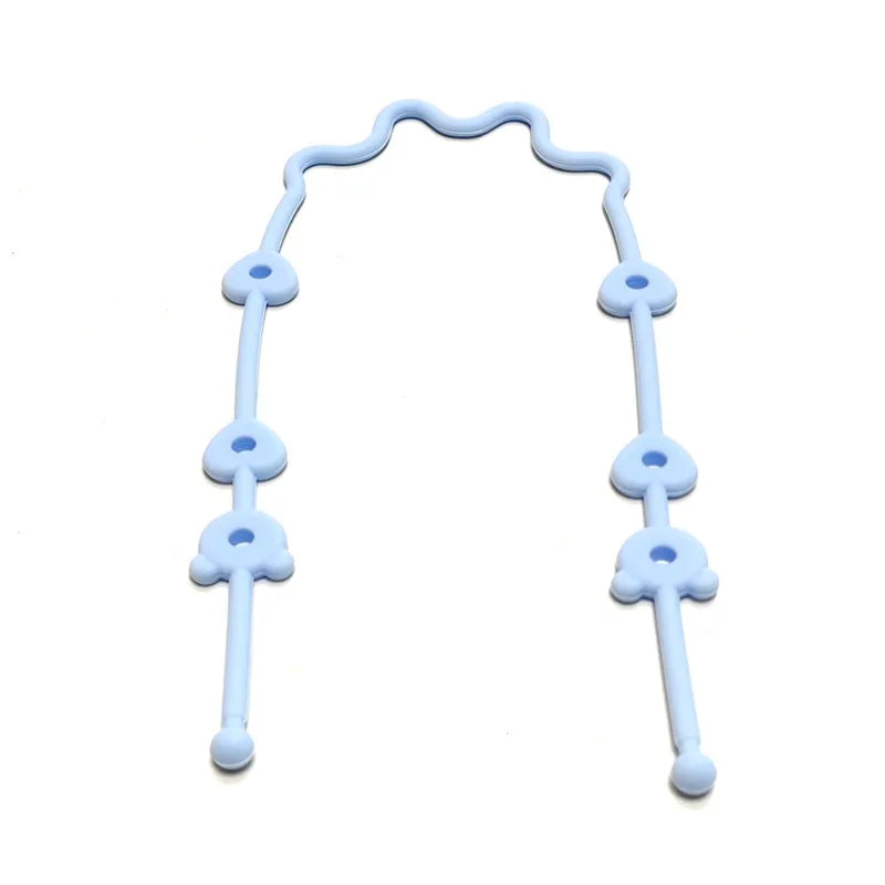A silicone pacifier clip with an anti-drop chain, shown in light blue.