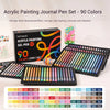 A set of 90 acrylic painting gel pens in various colors displayed next to their packaging.
