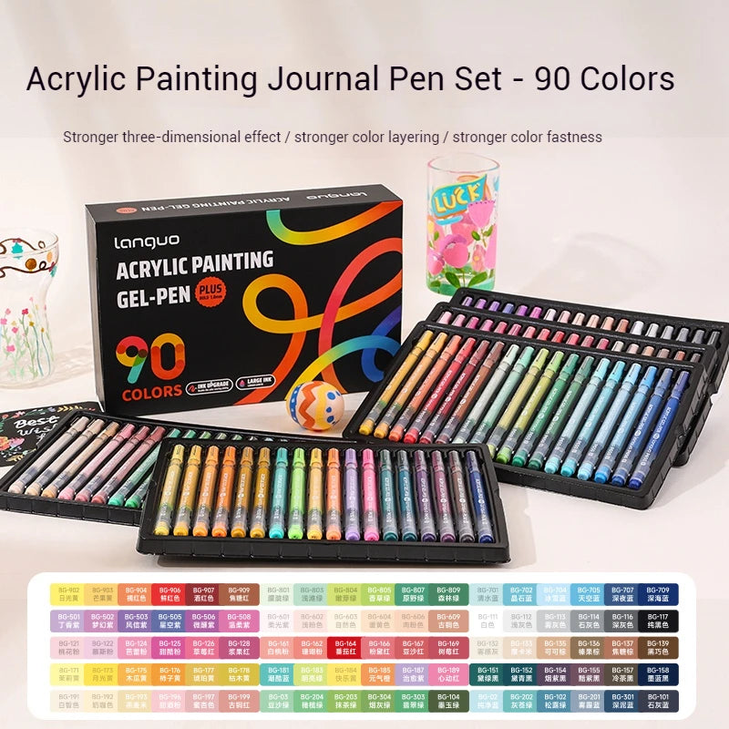 A set of 90 acrylic painting gel pens in various colors displayed next to their packaging.