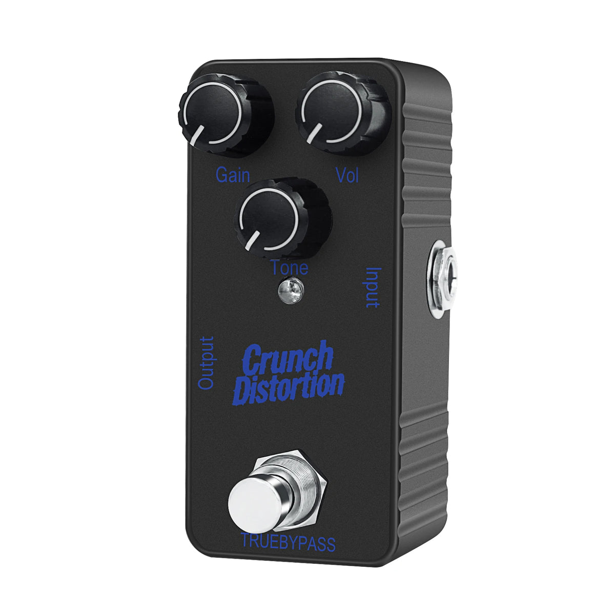 A black mini guitar effects pedal featuring Gain, Vol, and Tone controls, with an output jack and a Truebypass switch.