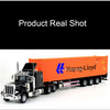 Orange container truck model with a black cab, shown in a real shot.
