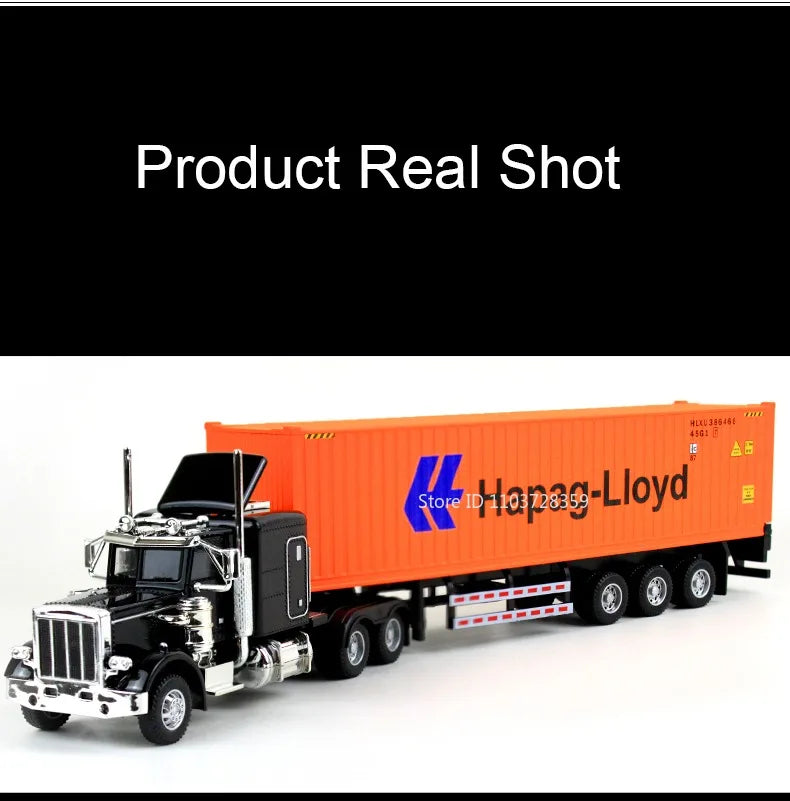 Orange container truck model with a black cab, shown in a real shot.