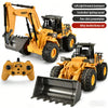A yellow remote control construction vehicle set featuring an excavator, bulldozer, and dump truck with an alloy bucket.