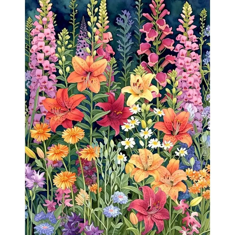A vibrant paint by numbers kit featuring acrylic flowers on canvas.
