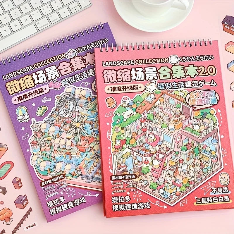 A pink and purple collection of miniature scenic art decals featuring various scenes and landscapes.