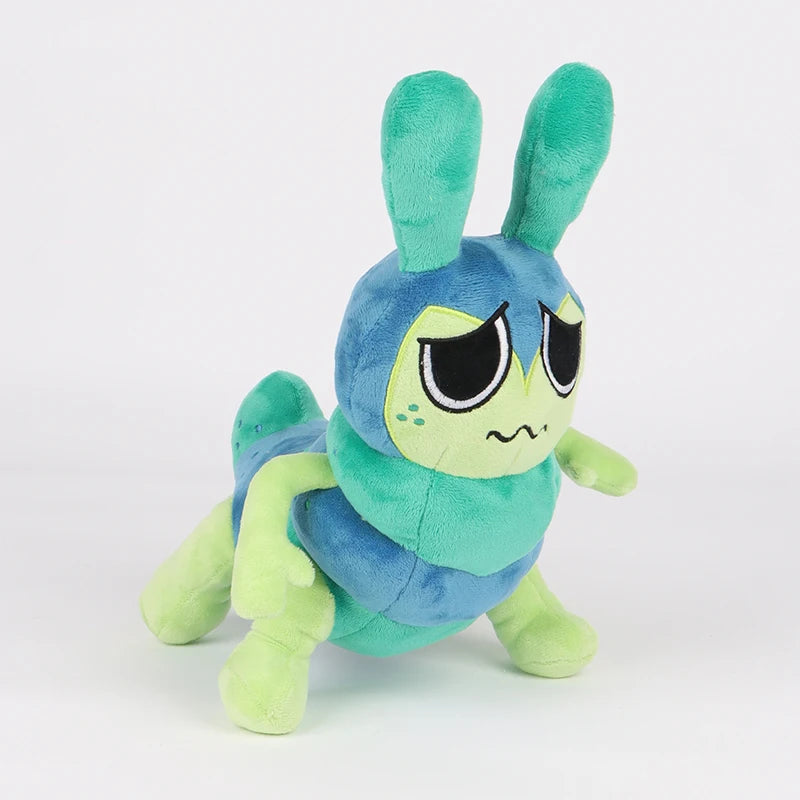 A plush toy of a blue and green rabbit character with large black eyes.