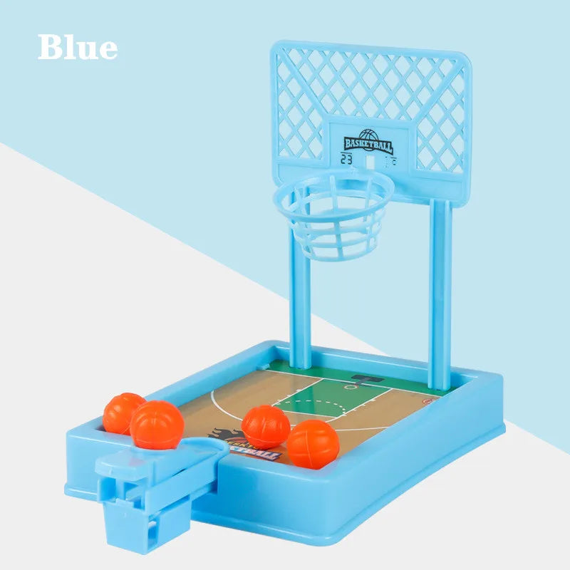 A blue mini tabletop basketball arcade game with a hoop and court, designed for two players.