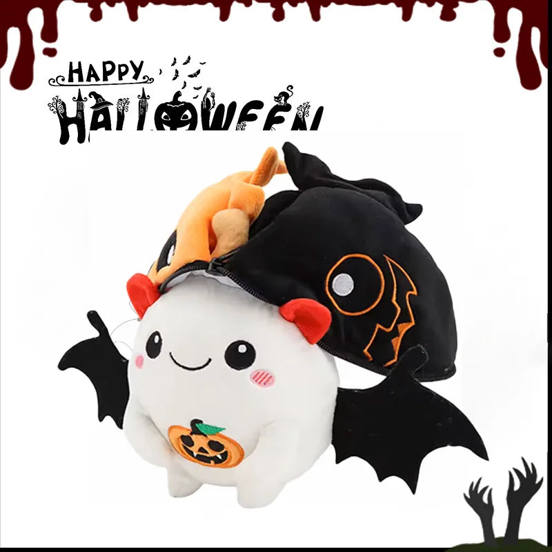 A cute hybrid plush toy featuring a white ghost body and black bat wings with an orange pumpkin face.