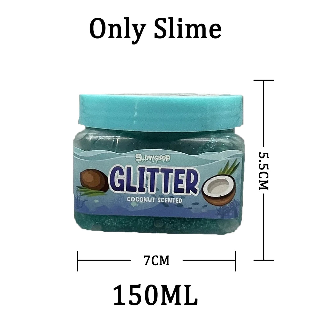 A jar of glitter slime with a light blue lid and coconut scent, labeled as Only Slime.