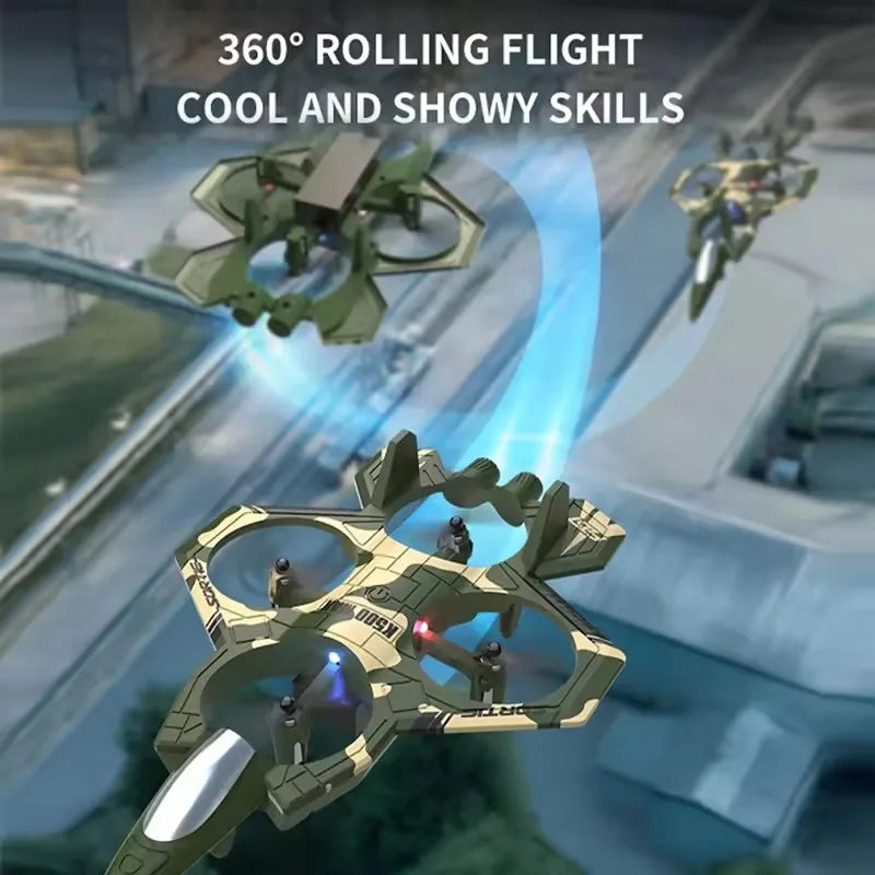 A green and yellow stunt glider is shown in flight, demonstrating 360° rolling flight skills.