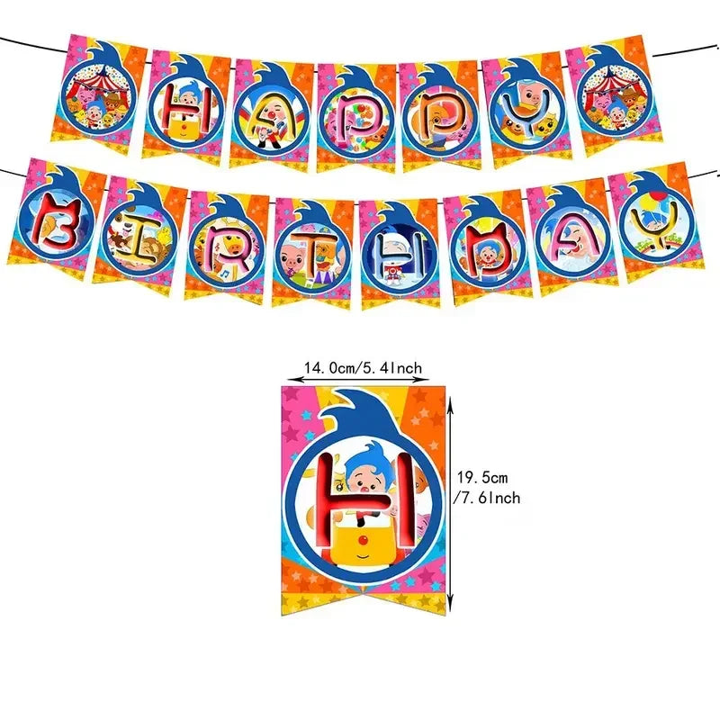 A banner of colorful circus clown balloon decorations spelling out the letter H.