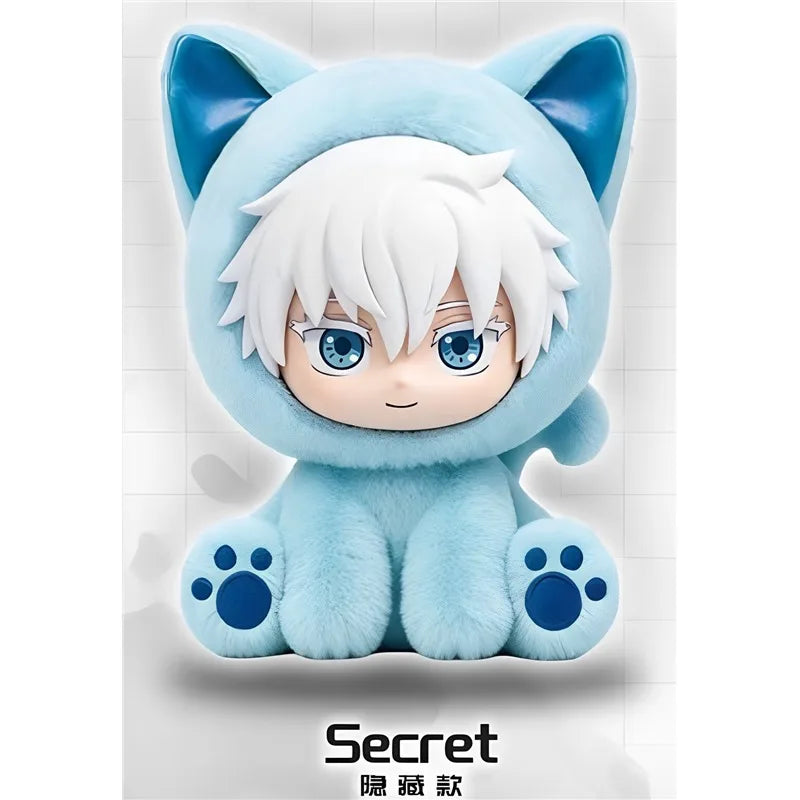 A white-haired cat-like plush pendant with blue ears and paws, featuring large blue eyes.