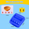 A blue matching letter game with various letter tiles and a bowl, designed for kids.