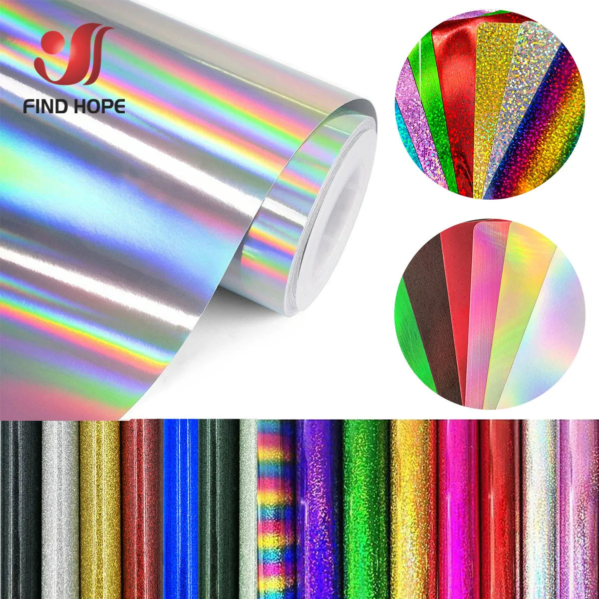 Roll of glitter, holographic, and laser heat transfer vinyl material showing various colors and finishes.