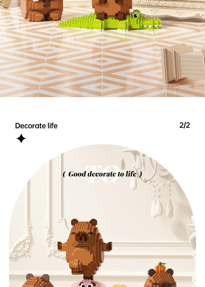 A close-up of a brown capybara building block model kit placed on a white patterned surface.