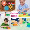 A collection of play dough tools including extruders, cutters, and rollers used by creative kids.