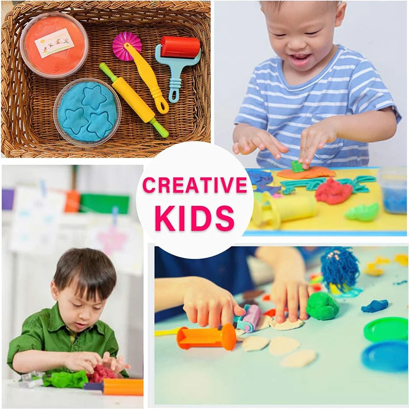 A collection of play dough tools including extruders, cutters, and rollers used by creative kids.