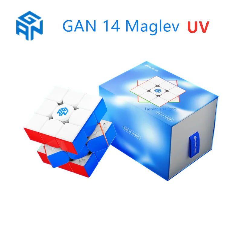 A blue box containing a GAN 14 Maglev UV puzzle cube and several white magnetic pieces.