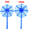 Front and reverse views of a blue stretchy spider web toy for party favors or prizes