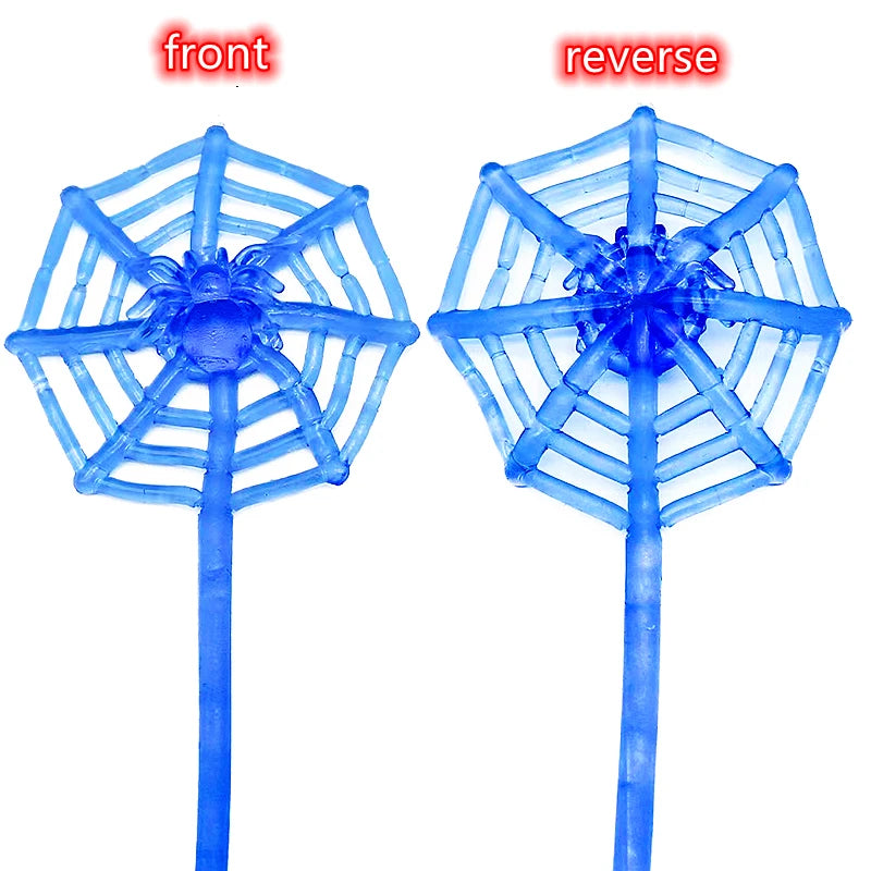 Front and reverse views of a blue stretchy spider web toy for party favors or prizes