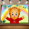 A cute cartoon tiger character with big eyes and a smiling expression, set against a colorful rainbow background.