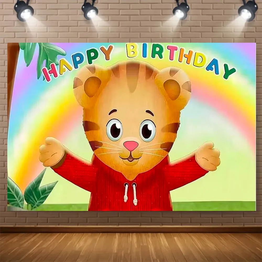A cute cartoon tiger character with big eyes and a smiling expression, set against a colorful rainbow background.
