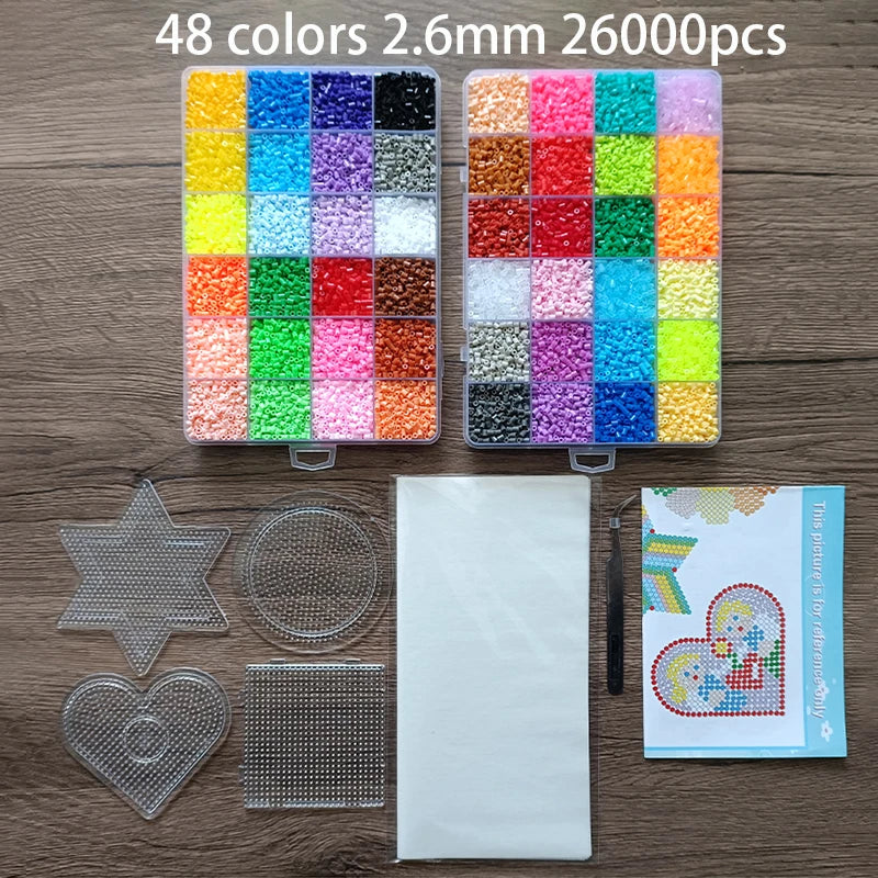 A craft kit showing 48 colors of 2.6mm fuse beads and various tools for making 3D pixel art.