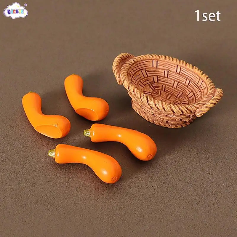 A set of miniature orange dollhouse vegetable baskets and handles in a woven texture.