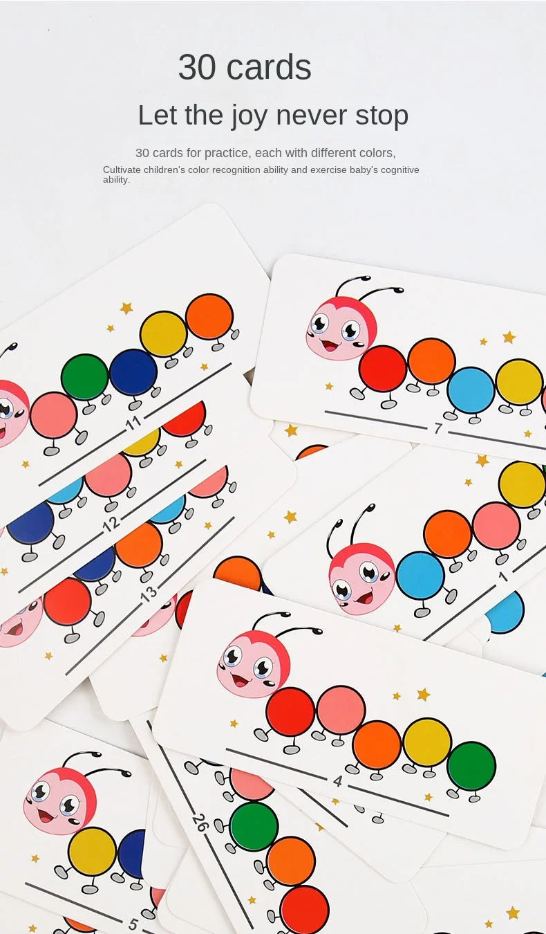 A set of 30 cards for a Montessori fine motor skills game featuring colorful caterpillar clip beads.