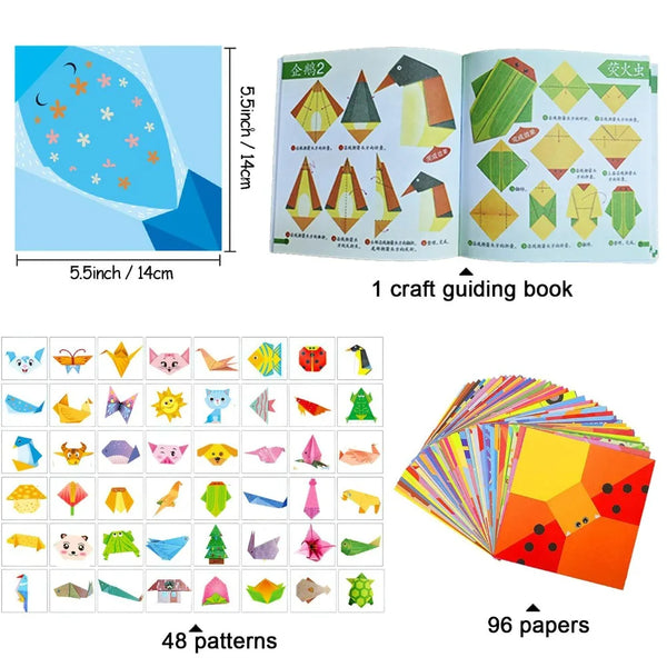 Origami-papirhåndverkssett med guidebok og 96 fargede ark for å lage ulike former.