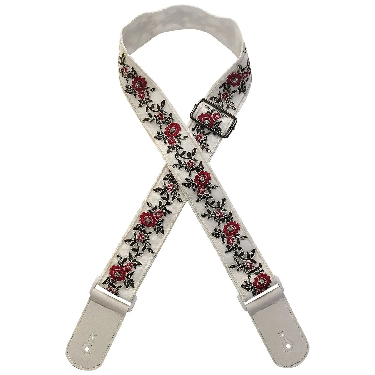 A beige woven guitar strap with red floral embroidery and leather accents, shown diagonally.