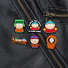 A set of enamel pins featuring characters from South Park and SpongeBob SquarePants on a black leather jacket.