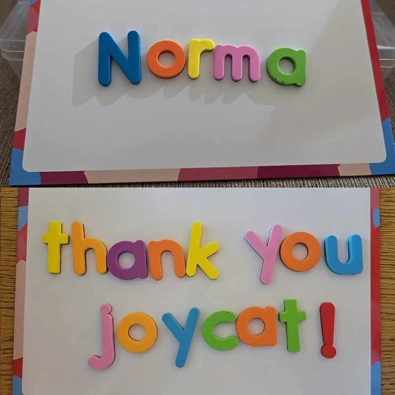 Magnetic alphabet spelling kit showing the name Norma and a thank you message for Joycat