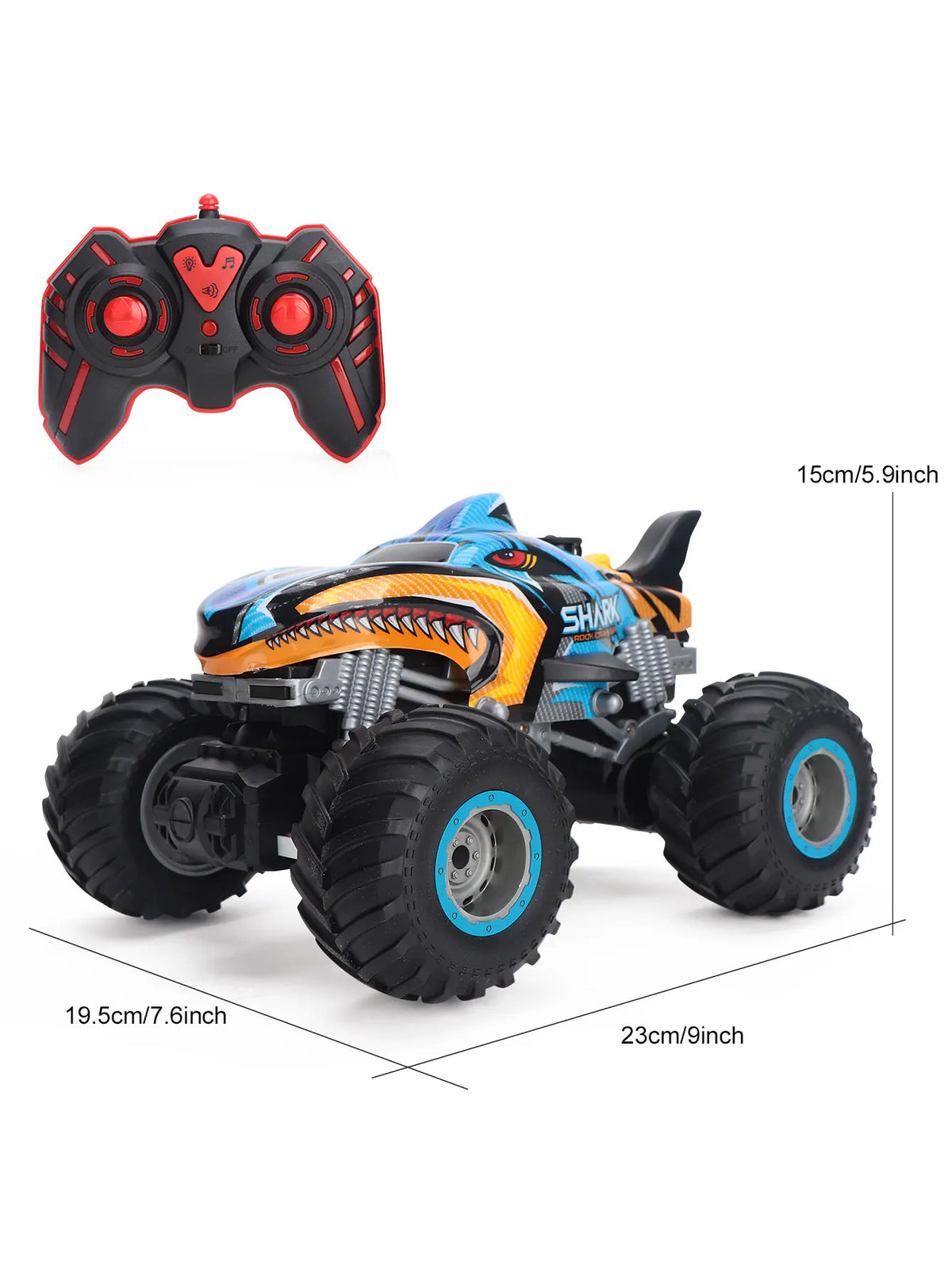 An orange and blue All-Terrain RC monster truck with large tires and a spray action feature.