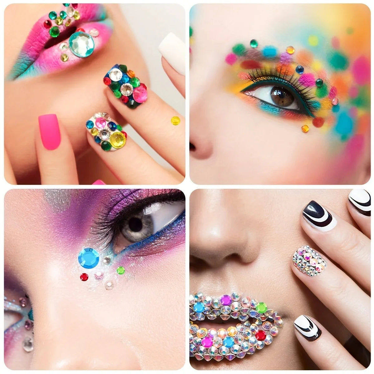 Close-up of hands and face adorned with colorful acrylic rhinestone stickers for crafts and DIY projects