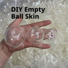 A hand holds three clear empty ball skins for DIY squishy stress balls on a white background.