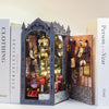 A DIY wooden book nook kit featuring a detailed miniature scene with LED lights and brick background.