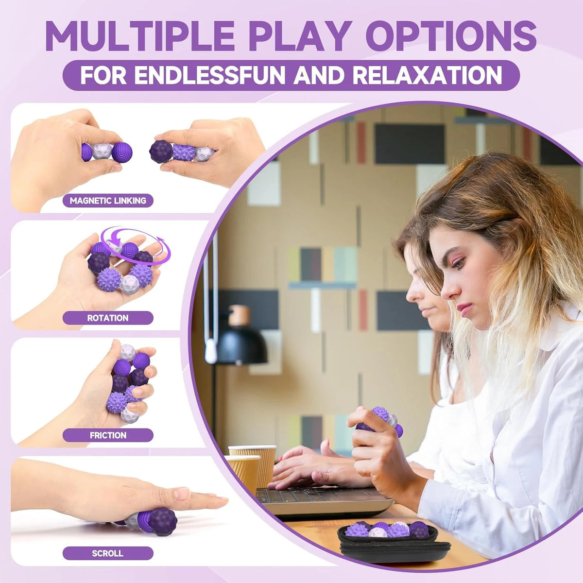 Hands demonstrate multiple play options for endless fun and relaxation including magnetic linking, rotation, friction, and sc