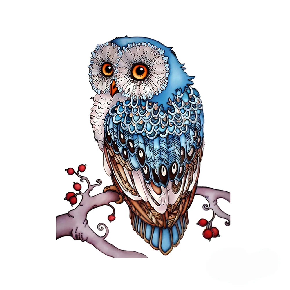 A detailed illustration of a blue owl with large yellow eyes and intricate feather patterns.